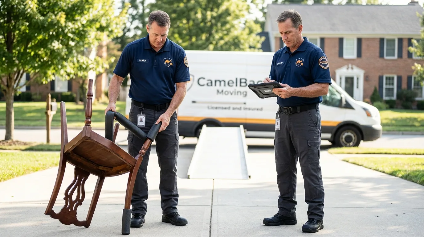 Movers inspecting furniture for damage prevention before loading in Hobbs, NM