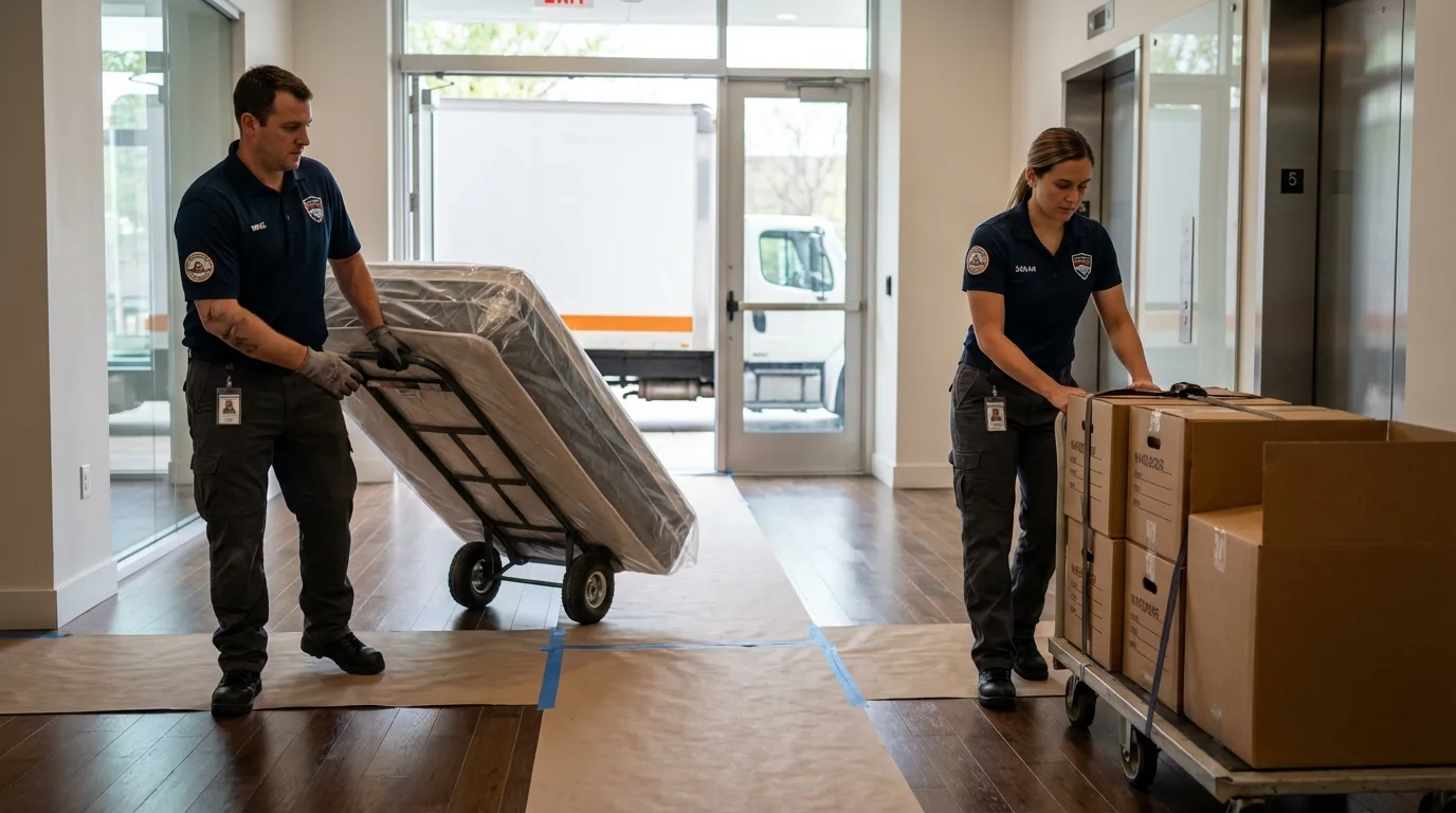 Professional apartment movers loading elevator in Hobbs, NM